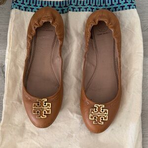 Tory Burch Tan Flats with Gold Logo